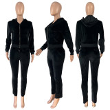 Velvet, thread, zipper hooded set, two-piece set