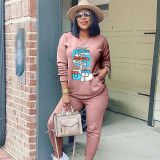Long sleeve, solid color, printed, sports two-piece set