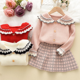 Baby collar sweater cardigan + plaid skirt, two-piece set