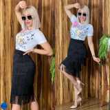 High waist, stitched fringe skirt, Hip Wrap Skirt, (skirt only)