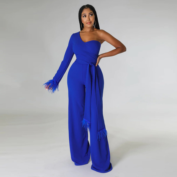 One shoulder, long sleeve, loose, solid color Jumpsuit
