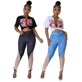 Zhigong, imitation denim, positioning burnt flower, splicing, polyester net pants