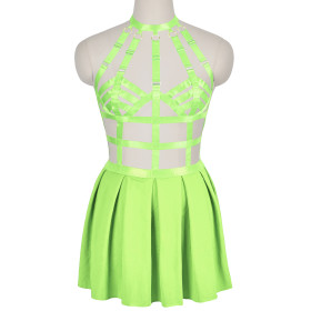 Fluorescent green, tight fitting, strap, tie, fun one-piece suit