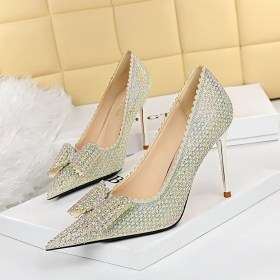 Stiletto shoes, shallow mouth, pointed rhinestones, bow single shoes