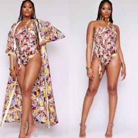African print, swimsuit + sunscreen kimono, two piece set