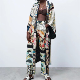 Print, patchwork, kimono coat + wide leg, Pants Set