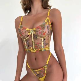 Color, broken flower, embroidery, mesh perspective, two-piece set