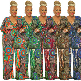 Printed, elastic, knitted, large women's wear, Jumpsuit