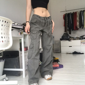 Casual, loose, drawstring, belt, high waist, wide leg denim pants