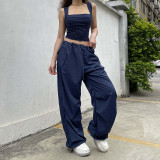 Suspender, vest, loose, wide leg, low waist casual pants, suit