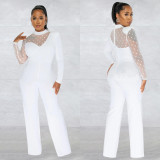 Wave point, mesh, perspective, long sleeve pants, solid color Jumpsuit