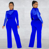 Wave point, mesh, perspective, long sleeve pants, solid color Jumpsuit