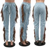 Casual, solid color, three-dimensional pocket, lace up, tassel pants