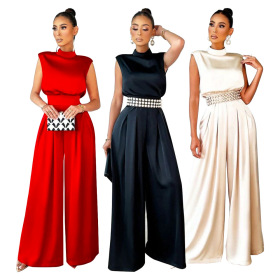 Wide leg pants, solid color, high collar sleeveless, Jumpsuit