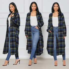 Plaid Button, pocket, long sleeve, coat with waist closed