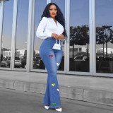 Jeans, elastic, high waist print, micro flare pants