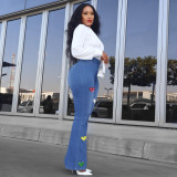 Jeans, elastic, high waist print, micro flare pants