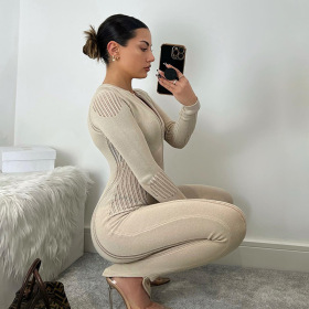 Tight sweater pants, stripe, knitted long sleeve, Jumpsuit
