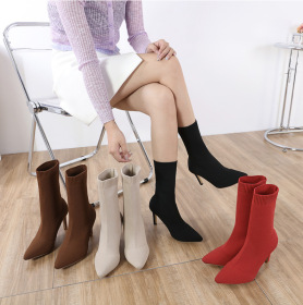 Pointy, stiletto heels, elastic, knitted socks and boots, women's medium boots