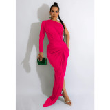 Solid color, oblique neck, single long sleeve, Pleated Dress