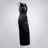 Open back, hanging neck dress, satin, hollow out dress and sling skirt