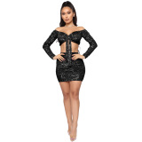 One shoulder, long sleeve, Sequin, lace up, two-piece set
