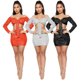 One shoulder, long sleeve, Sequin, lace up, two-piece set