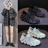 Round head, lace up, knitted elastic, sports shoes, plaid, casual running shoes