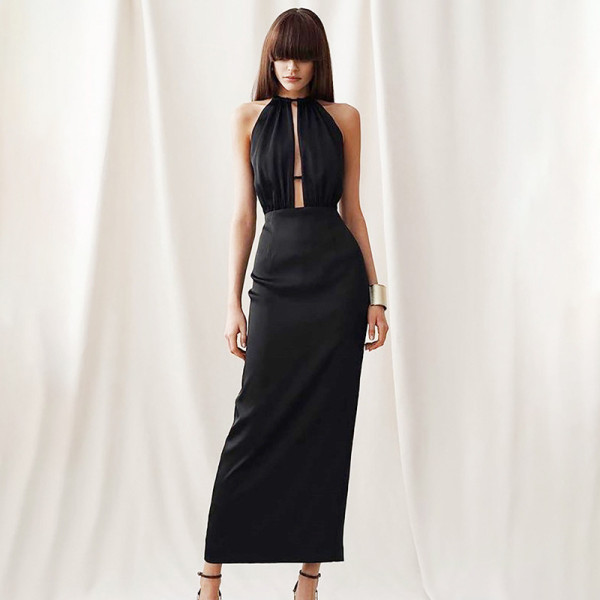 Open back, hanging neck dress, satin, hollow out dress and sling skirt
