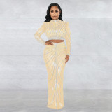 Mesh, hot drill, perspective, long sleeve skirt, two-piece set