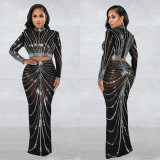 Mesh, hot drill, perspective, long sleeve skirt, two-piece set