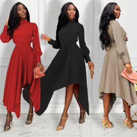 Pleated, long sleeved, solid dress