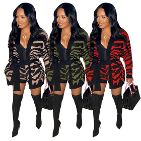 Knit, leopard print, sweater coat + Shorts Set
