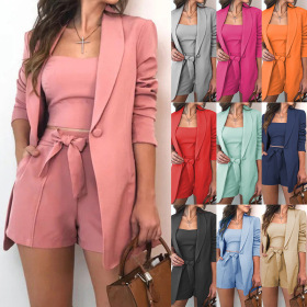 Casual, solid color, lace up, shorts and suit three piece set