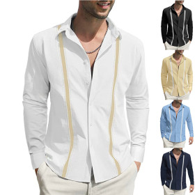 Lapel, color matching, long sleeve, button, linen shirt men's wear