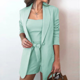 Casual, solid color, lace up, shorts and suit three piece set