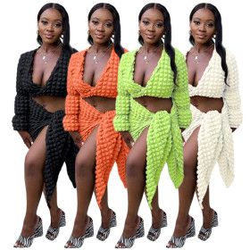 Solid color, high elasticity, bubble cloth, wrap skirt suit