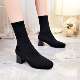 Flying knitting, wool socks and boots, thick heels, square head elastic knitted women's Boots
