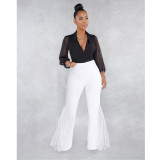 High waist, slit, mesh, multi panel pockets, bell bottoms