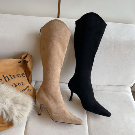 Women's boots, pointed, stiletto heels, suede, back zipper, high boots