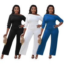 Solid color, zipper, diagonal shoulder, straight jumpsuit