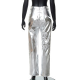 High waist, PU leather pants, candy colored casual pants