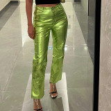 High waist, PU leather pants, candy colored casual pants
