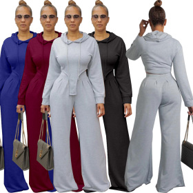 Solid color, pleated, casual, long sleeve wide leg two-piece set