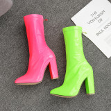 Candy color, shiny leather, pointed toe, thick high-heeled boots