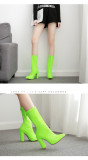 Candy color, shiny leather, pointed toe, thick high-heeled boots