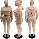 Solid, hooded, lace up, loose casual, two piece set
