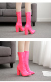 Candy color, shiny leather, pointed toe, thick high-heeled boots