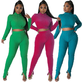Bubble fabric, solid color, casual, sports two-piece set
