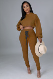 Solid, hooded, lace up, loose casual, two piece set